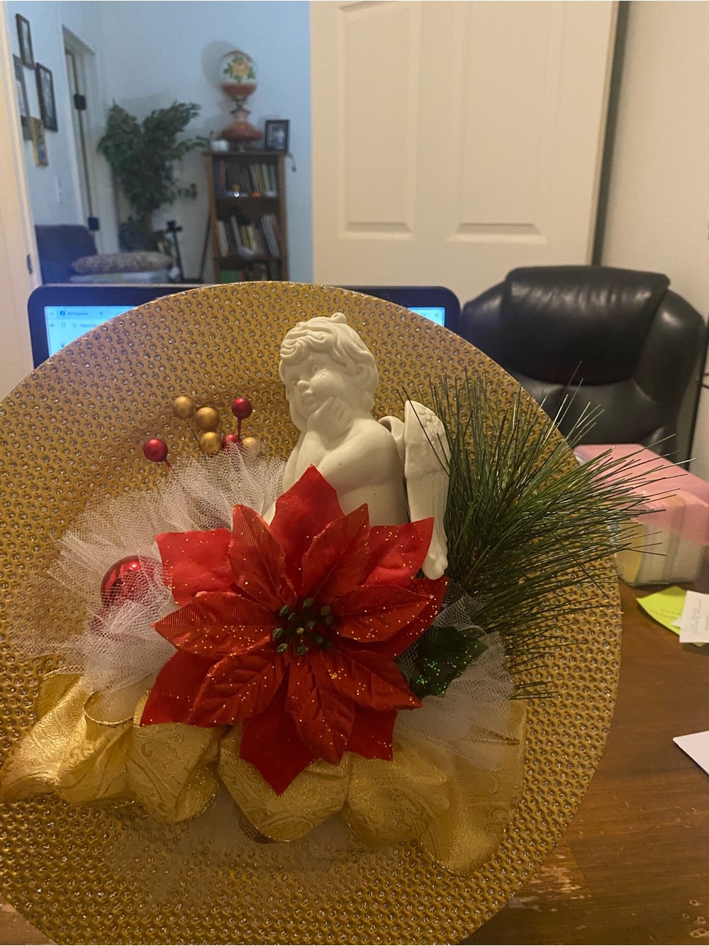 Holiday Poinsettia Angel Table Centerpiece - Gold & Red